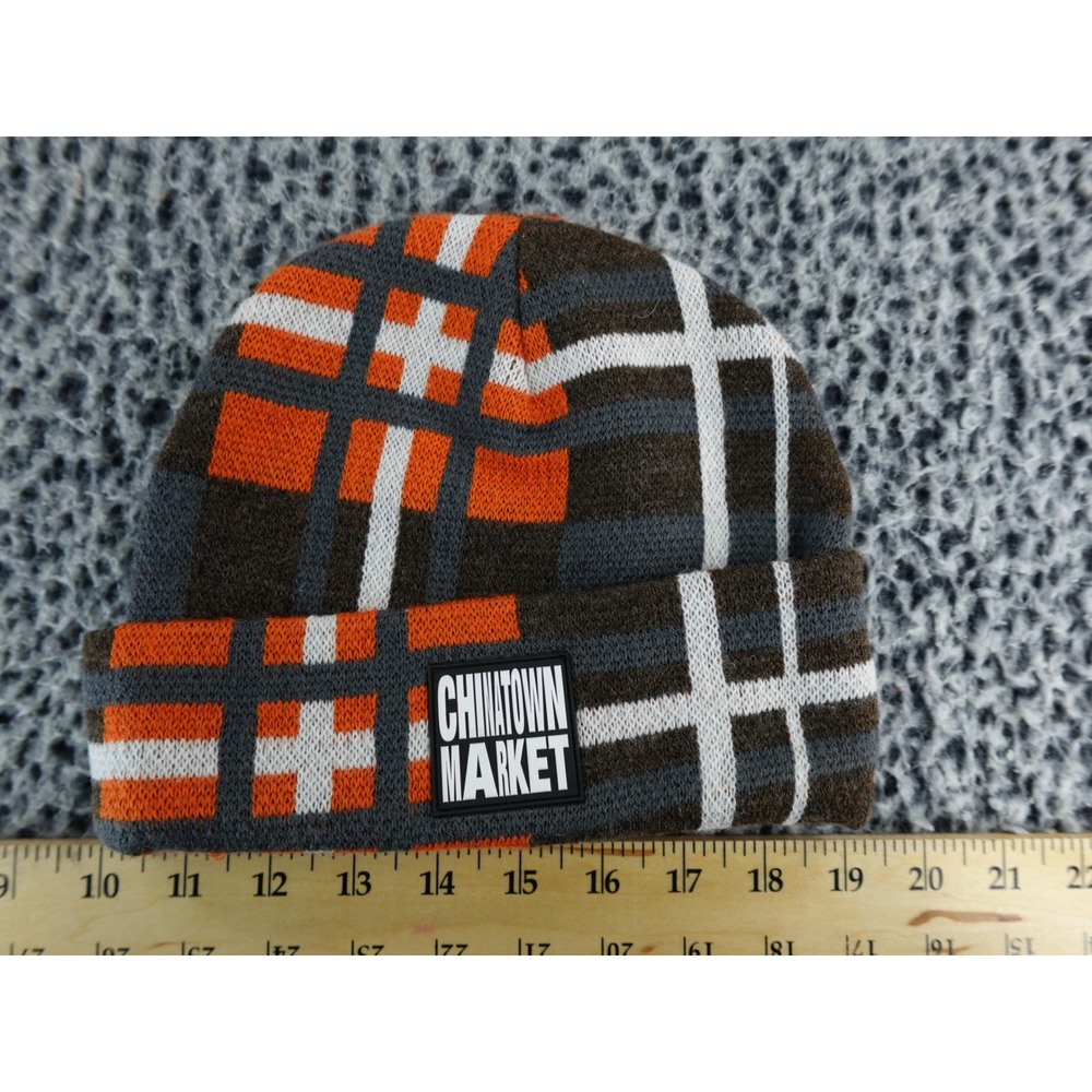 Chinatown Market Smiley Face Plaid Beanie Hat Orange Gray White